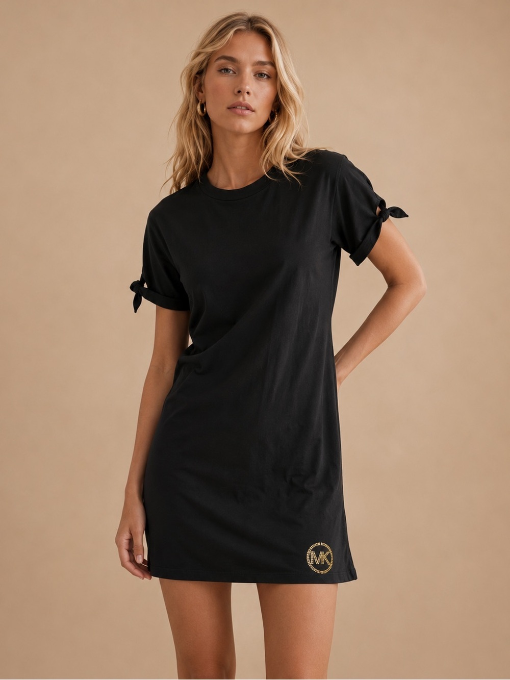 MICHAEL Michael Kors Black Tie-Sleeve Mini T-Shirt Dress with Gold Logo M